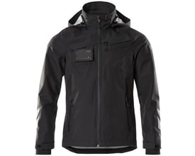 Mascot Accelerate skaljakke i sort, med aftagelig hætte og synlige reflekser på ærmerne og brystet.