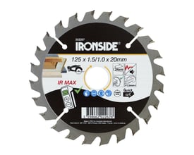 Ironside rundsavklinge til træ med 125 mm diameter og 24 tænder, set forfra med sort og hvid mærkat.