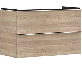 Hansgrohe Xelu Q vaskeskab i naturlig eg-finish med to skuffer og integreret grebsliste, vist på hvid baggrund.