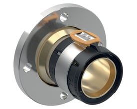 3D-gengivelse af Geberit FlowFit flange 75mm med presseenhed i blyfri siliciumbronze og messingdetaljer.