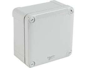 Schneider Electric Thalassa TBP industriel kasse i PC med gråt låg, måler 105x105x55 mm og har synlige skruer ved hjørnerne.