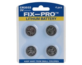 Emballage med fire Fix-Pro CR2032 lithium-knapcellebatterier, mærket 3 V og 230 mAh.