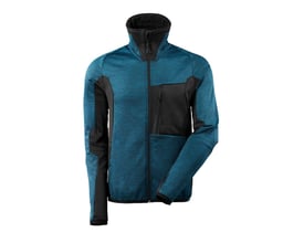 Mascot Fleecejakke Advanced i petroleum/sort i størrelse 4XL, med kropsnær pasform og tofarvet design. Jakken har lynlås, høj krave og sorte detaljer på skuldre og sider.