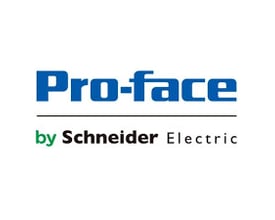 Pro-face by Schneider Electric logo. Blå tekst med hvid kant for "Pro-face", undertekst "by Schneider Electric" i grøn og grå tekst.
