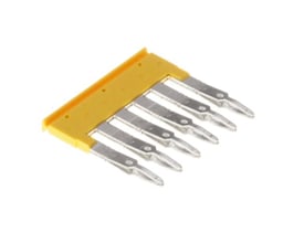 Weidmüller Laske ZQV 2,5/6 6-polet gul fjederlaske, der viser 6 metalstik på en isoleret gul base.