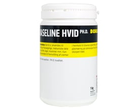 Nærbillede af Borup Kemi vaseline 1 kg beholder, med detaljeret tekst om anvendelse og PH.D. kvalitet på etiketten.