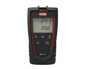 Frontvisning af Elma Instruments KIMO MP120 mikromanometer, med detaljeret overblik over display og betjeningsknapperne.