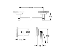 Teknisk tegning af Grohe Essentials tilbehørssæt med mål for håndklædeholder, krog og toiletpapirholder i krom.
