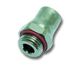 Parker Legris enkelt union med FDA CHEMICAL NICKEL PLATED BRASS, Ø4XM5X0,8, har en rød O-ring og BSPP gevind.
