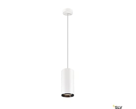 SLV Numinos XL pendel i hvid og sort med cylindrisk skærm, lang ledning og integreret LED-lys.