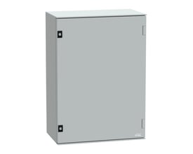 Schneider Electric vægskab 7035 i lys grå, 747x536x300 mm, med metal bundplade og to låse, vist fra siden på hvid baggrund.