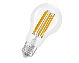 Ledvance dæmpbar LED-standardpære med synlige filamenter, klar glaskolbe og E27-sokkel.