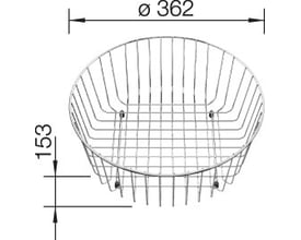 Blanco opvaskekurv Rondosol i rustfrit stål med dimensioner Ø362mm og 153mm vist med mål.