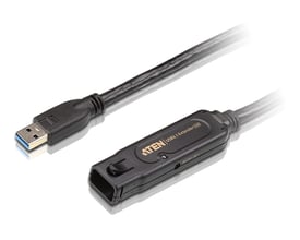 Aten USB 3.2 Gen1-forlængerkabel på 10 meter med sort USB-A-stik og indbygget forstærkermodul.