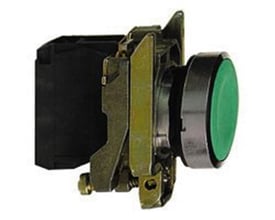 Sidevisning af Schneider Electric trykknap, grøn, XB4BA31, med synlig kontaktblok og monteringsmekanisme.