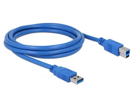 Blåt DeLock USB 3.0 kabel på 2 meter med type-A han til type-B han stik på hvid baggrund.