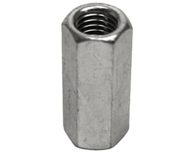 Nærbillede af 6-kant gevindmuffe M12x40, viser den elgalvaniserede overflade og det indvendige metriske gevind tydeligt.