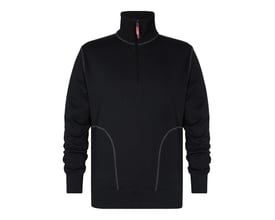 Sort F. Engel trøje i størrelse M med lynlås ved kraven og grå syninger. Trøjen har lange ærmer og ribkanter.