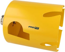 PRO-FIT HM hulsav 152 mm i gul metal med PRO-FIT logo, vist med åbne skær og monteringsadapter.