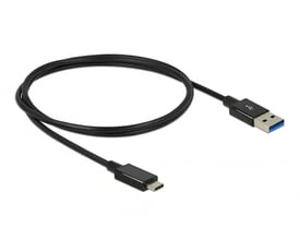 Delock USB-kabel med USB Type-A han til USB Type-C han stik, 1 meter langt og sort, isoleret på hvid baggrund.