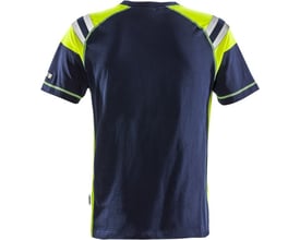 Bagfra af Fristads Flamestat T-shirt 7073 i mørk marine, med neongule ærmer og skulderdetaljer.