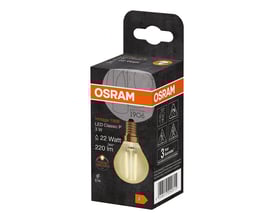 Osram 1906 Vintage mini ball LED pære i guldfarvet glas, 2.2W, 220 lm, E14, med 3 års garanti vist på emballage.