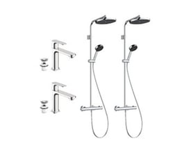 Hansgrohe julepakke nr. 2 med to komplette sæt bestående af armatur, showerpipe og bundventiler i krom.