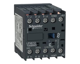 Schneider Electric kontaktor 12A 3P+1NO 24VDC fra TeSys K serien med tydelige mærkater og skrueklemmer.