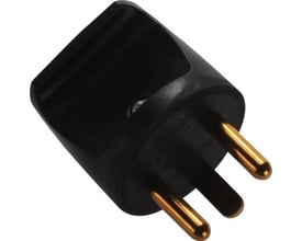 Sort stikprop med jord til EDB-udstyr, rund udformning, 230V og 16A max belastning.