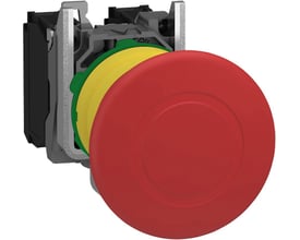 Schneider Electric paddetryk med nødstop, rød 40mm, med 1NO+1NC kontakter og grøn/gul indre mekanisme.