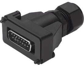 Festo SD-SUB-D-ST15 stik med 15 pins, fremstillet af sort plast og klar til tilslutning på en blank baggrund.