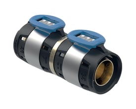 Geberit FlowFit overgang 16mm til Mepla, fremstillet af blyfri siliciumbronze med blå plast-presseindikatorer og synlig messing.