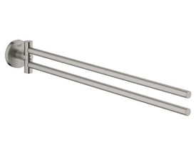 Grohe Start dobbelt svingbar håndklædeholder i Supersteel finish med 439mm bredde på en lys baggrund.