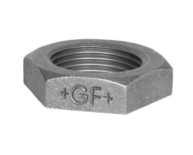 Georg Fischer kontramøtrik i sort, blødstøbt materiale med tydelig GF+ logo og indvendige gevind.