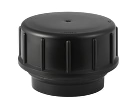 Sort Geberit slutmuffe komplet i PEH med diameter på 32 mm, vist skråt forfra med ribber på siden.
