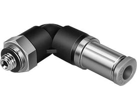 Festo QSKL-M5-4 vinkel-forskruning med 360° justerbarhed, selvafspærrende push-in fitting med udvendigt gevind på mørk baggrund.