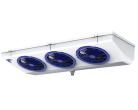 Friga Bohn AZUR M 170 C-fordamper med skråt, hvidt kabinet og tre blå ventilatorer set nedefra.