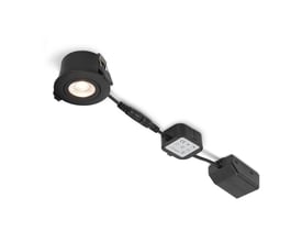 Nordtronic Low Profile Flexible G2 indbygningsspot i mat sort med tilhørende driver og kabler, klar til installation.