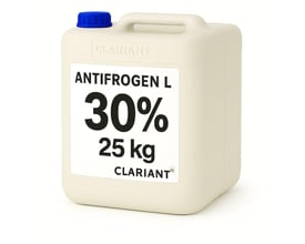 Antifrogen L-glykol, 30 % og 25 kg, i hvid dunk med blåt låg og Clariant-logo, set skråt forfra.