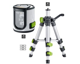 Laserliner EasyCross-Laser krydslinjelaser og dens 45cm alu trefod, separat vist med batteriikon og gevindinformation.