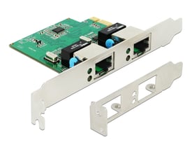 DeLock 2x Gigabit LAN PCIe-kort i sølv med to netværksporte og en separat lavprofilbeslag ved siden af.