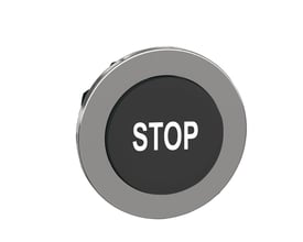 Schneider Electric Harmony XB4 flush trykknap i sort med hvidt STOP-mærke, monteret på en hvid baggrund.