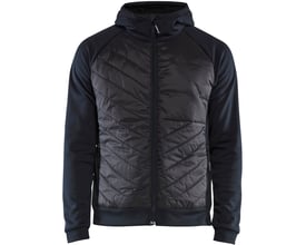 Blåkläder hybrid hættetrøje i mørk marineblå og sort, størrelse 2XL, set forfra med hætte og lynlås.