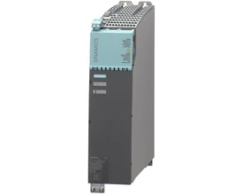 Siemens SINAMICS stel forbindelse til 200 mm line/motor moduler med intern luftkøling, vist med front- og sidevisning på grå baggrund.