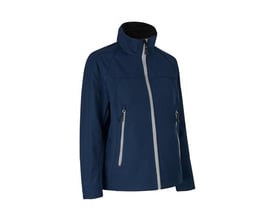 ID Identity navy softshell jakke til damer i størrelse XL, vist frem fra siden med lynlås og lommer.