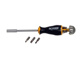 Ironside bitsskruetrækker på 220 mm med sort og orange håndtag, åbent bitmagasin og 8 bits.