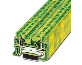 Nærbillede af Phoenix Contact ST 4-PE jordklemme, der viser den indvendige fjederklemme og monteringsskinne.