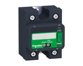 Schneider Electric solid relæ SSP med 25A, 24VDC og 1 pol, vist forfra med grønne mærkater og grå kappe.