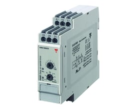 Carlo Gavazzi tidsrelæ med forsinket indkobling set skråt forfra, med justeringsknapper og tilslutningsklemmer.