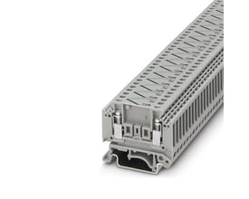 Phoenix Contact grå termospændingsklemme, type K, 0,2-4 mm², vist med monteringsskinne og skruetilslutninger.